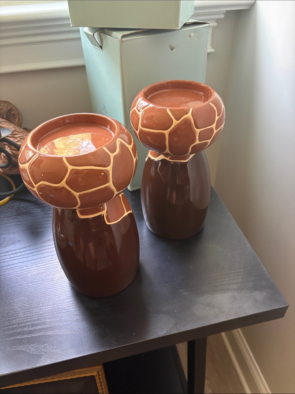 PartyLite Brown and Cream Giraffe-Pattern Ceramic Vases (Pair)